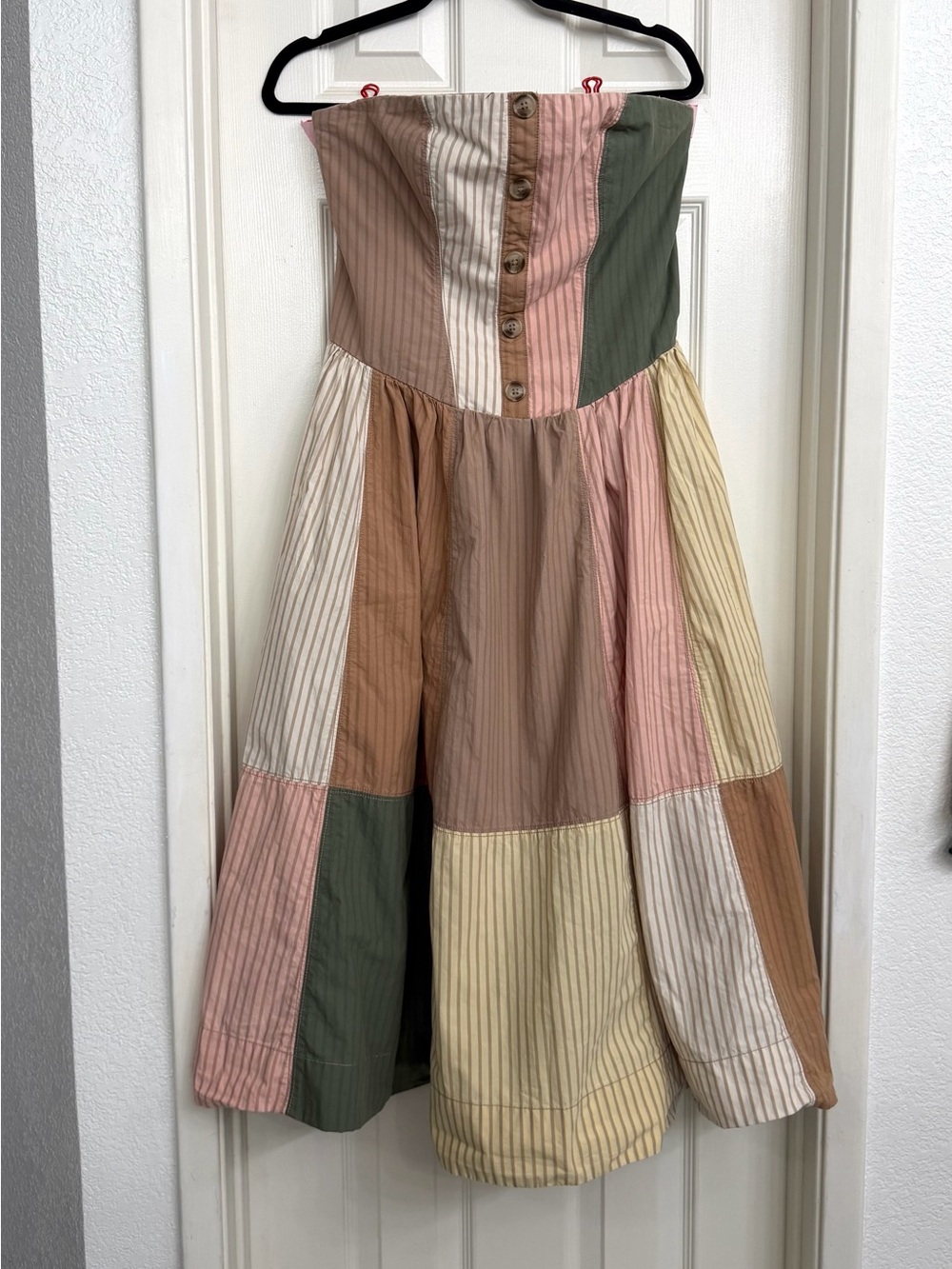 7265 Maeve Striped Woven Cotton Midi Dress Strapless Smocked Button Front M